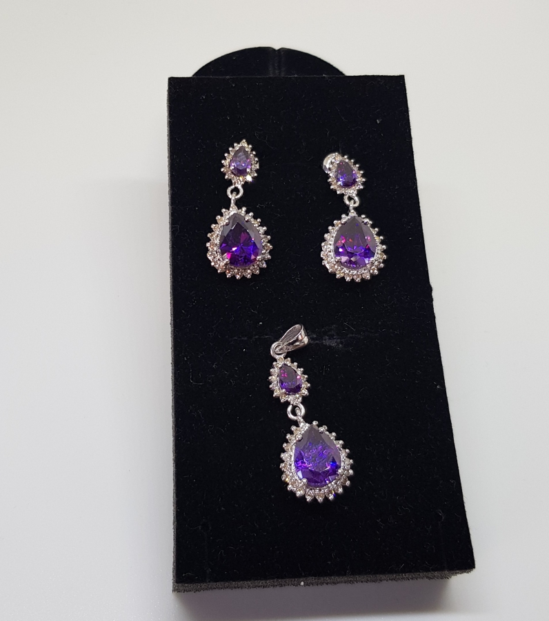 AMETİST VE PIRLANTA TAŞLI DAMLA MODEL KOLYE KÜPE TAKIMI