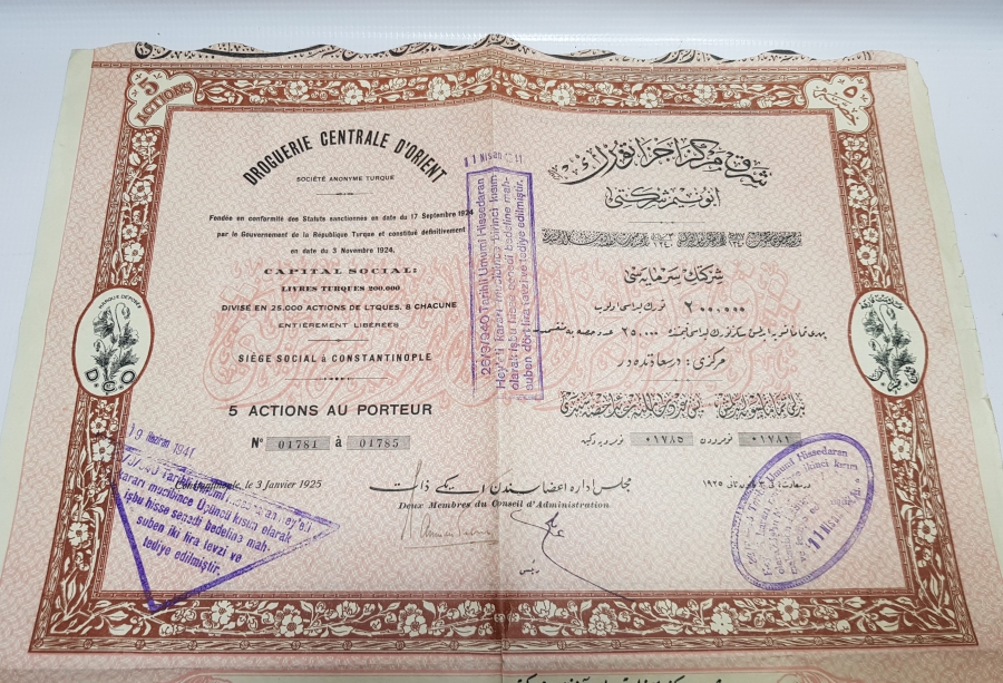 TIP TARİHİ: OSMANLI DÖNEMİ ŞARK MERKEZ ECZA TÜRK ANONİM ŞİRKETİ HİSSE SENEDİ