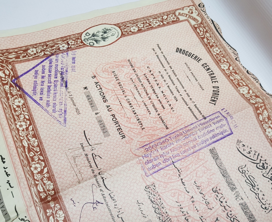 TIP TARİHİ: OSMANLI DÖNEMİ ŞARK MERKEZ ECZA TÜRK ANONİM ŞİRKETİ HİSSE SENEDİ