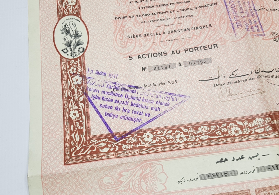 TIP TARİHİ: OSMANLI DÖNEMİ ŞARK MERKEZ ECZA TÜRK ANONİM ŞİRKETİ HİSSE SENEDİ