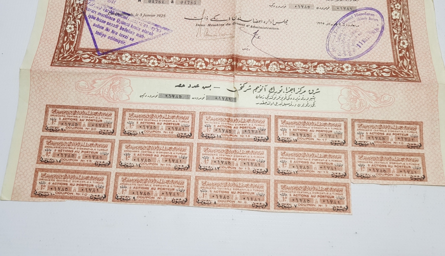 TIP TARİHİ: OSMANLI DÖNEMİ ŞARK MERKEZ ECZA TÜRK ANONİM ŞİRKETİ HİSSE SENEDİ