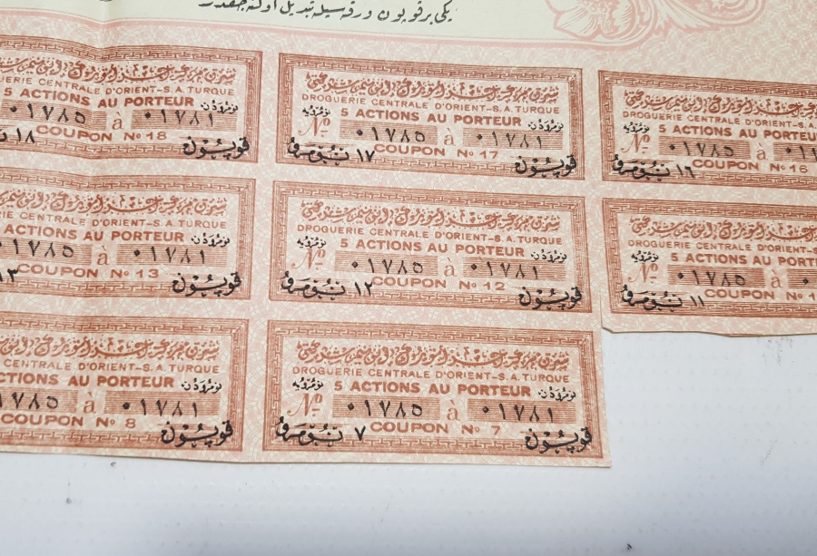 TIP TARİHİ: OSMANLI DÖNEMİ ŞARK MERKEZ ECZA TÜRK ANONİM ŞİRKETİ HİSSE SENEDİ