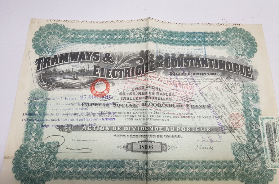 OSMANLI DÖNEMİ İSTANBUL ELEKTRİKLİ TRAMVAY ŞİRKETİ HİSSE SENEDİ