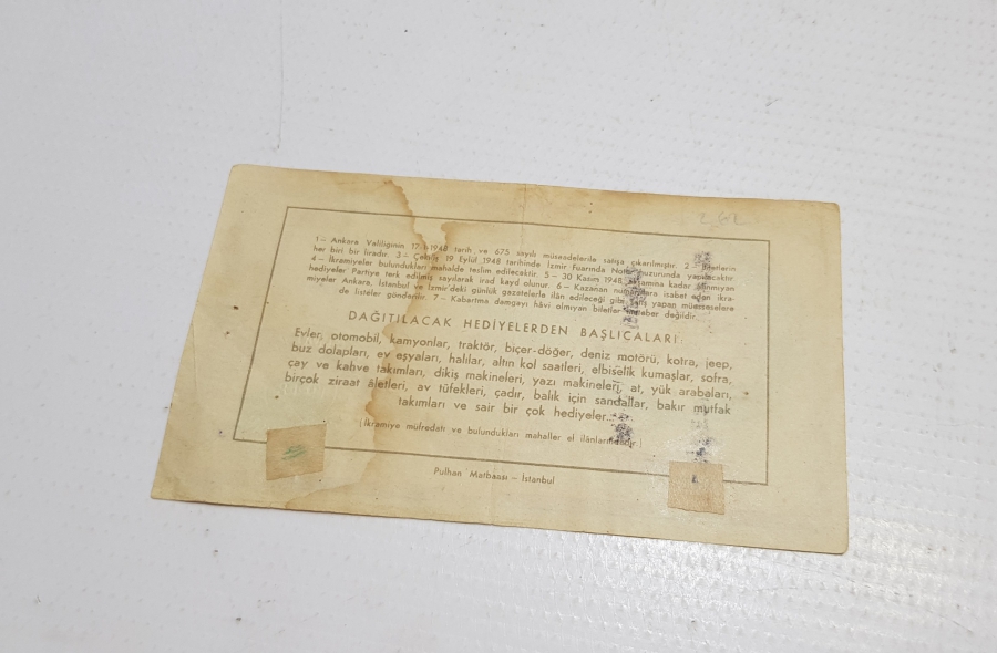 1948 DEMOKRAT PARTİ EŞYA PİYANGOSU BİLETİ