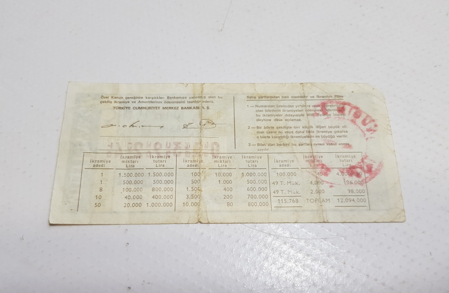 19 KASIM 1975 MİLLİ PİYANGO BİLETİ