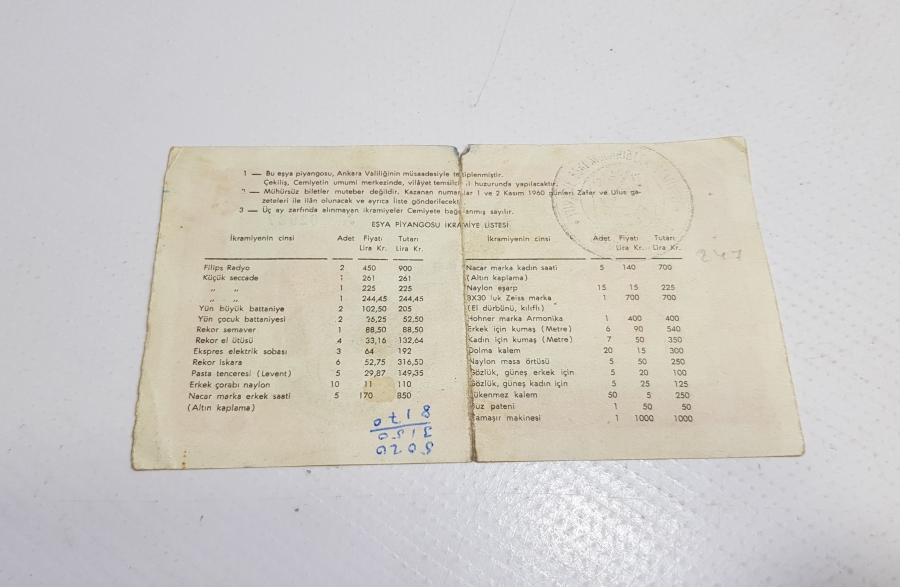 1960 TÜRKİYE ESKİ MUHARİPLER CEMİYETİ EŞYA PİYANGOSU BİLETİ