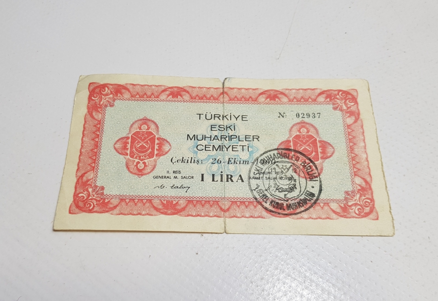 1960 TÜRKİYE ESKİ MUHARİPLER CEMİYETİ EŞYA PİYANGOSU BİLETİ