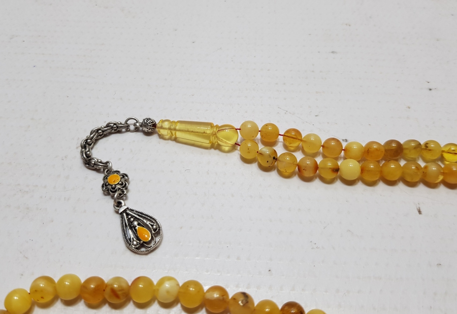 EL YAPIMI USTA İŞİ NADİR GÜMÜŞ PÜSKÜLLÜ DAMLA KEHRİBAR NAMAZ TESPİHİ