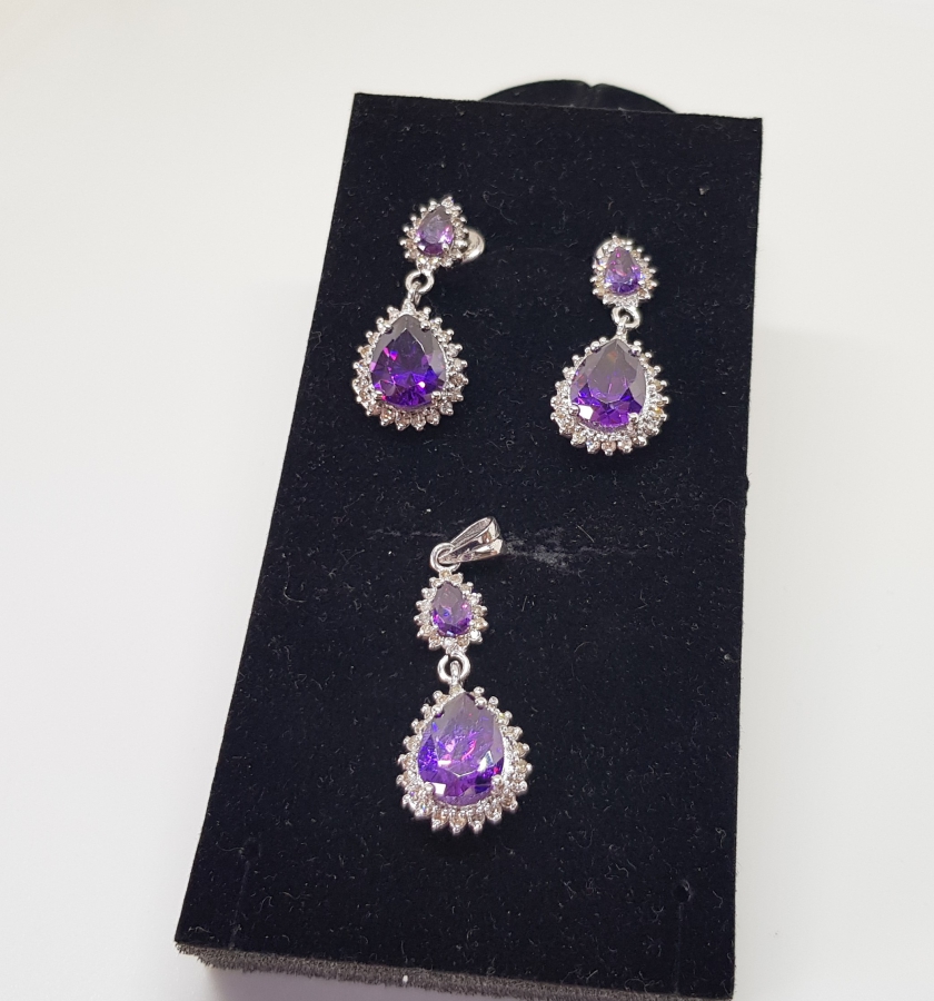 AMETİST VE PIRLANTA TAŞLI DAMLA MODEL KOLYE KÜPE TAKIMI