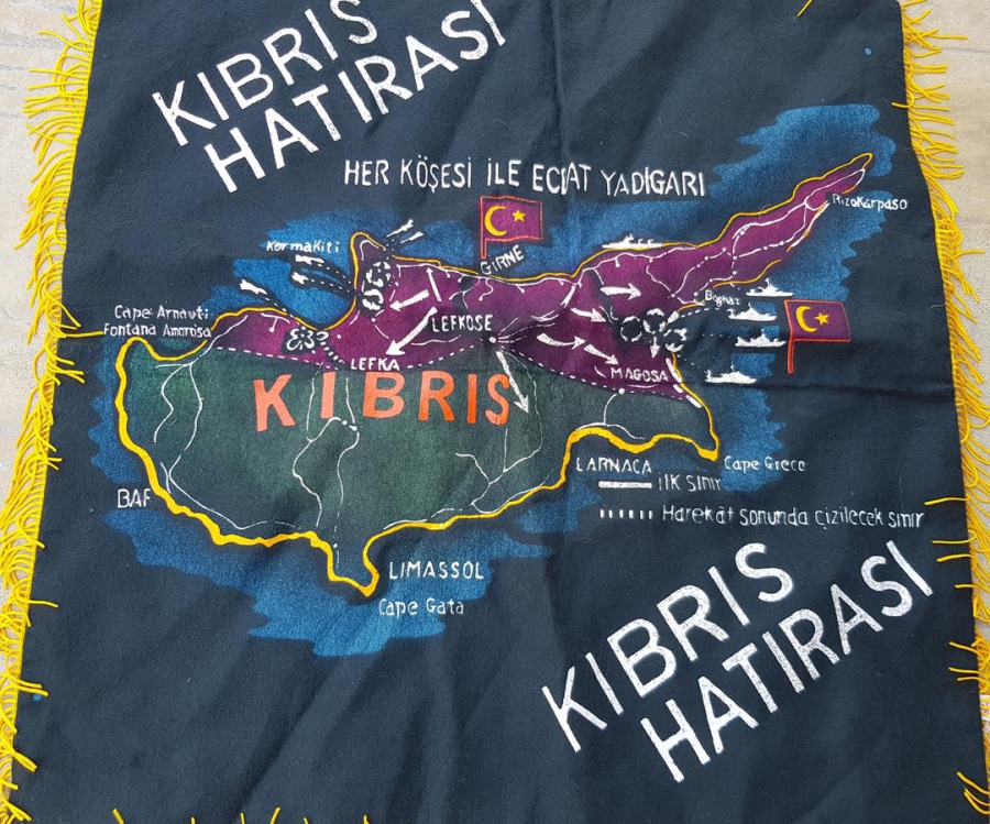 1974 KIBRIS BARIŞ HAREKATI DÖNEMİ YAPILMIŞ KIBRIS HARİTALI NADİR DUVAR PANOSU