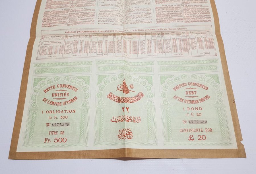 1906 TARİHLİ ÇOK NADİR OSMANLI DUYUNU UMUMİYE TAHVİLİ HİSSE SENEDİ