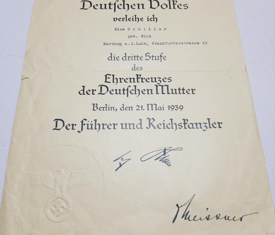 1939 NAZİ ALMAN ANNELİK ŞEREF MADALYASI VE BERATI