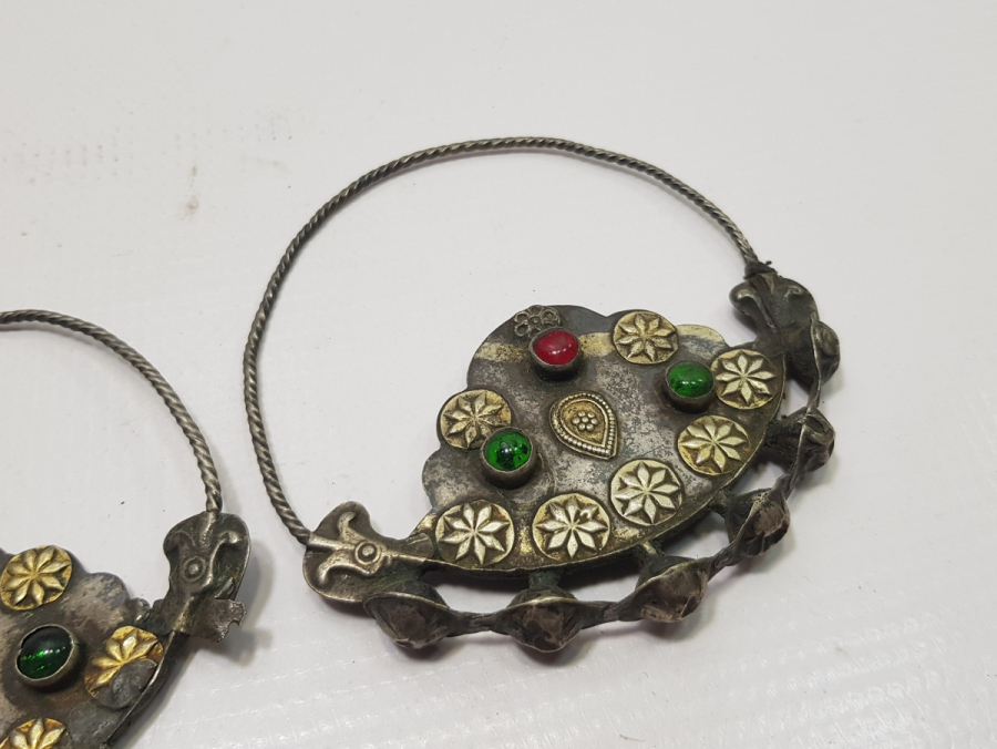 OSMANLI DÖNEMİ ÜZERİ DOĞAL TAŞLARLA SÜSLÜ BALIK FORMLU ERMENİ İŞİ BÜYÜK BOY GELİN KÜPESİ