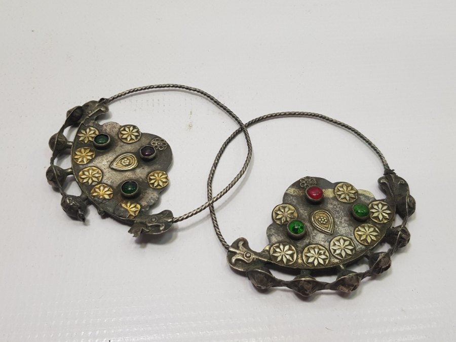 OSMANLI DÖNEMİ ÜZERİ DOĞAL TAŞLARLA SÜSLÜ BALIK FORMLU ERMENİ İŞİ BÜYÜK BOY GELİN KÜPESİ