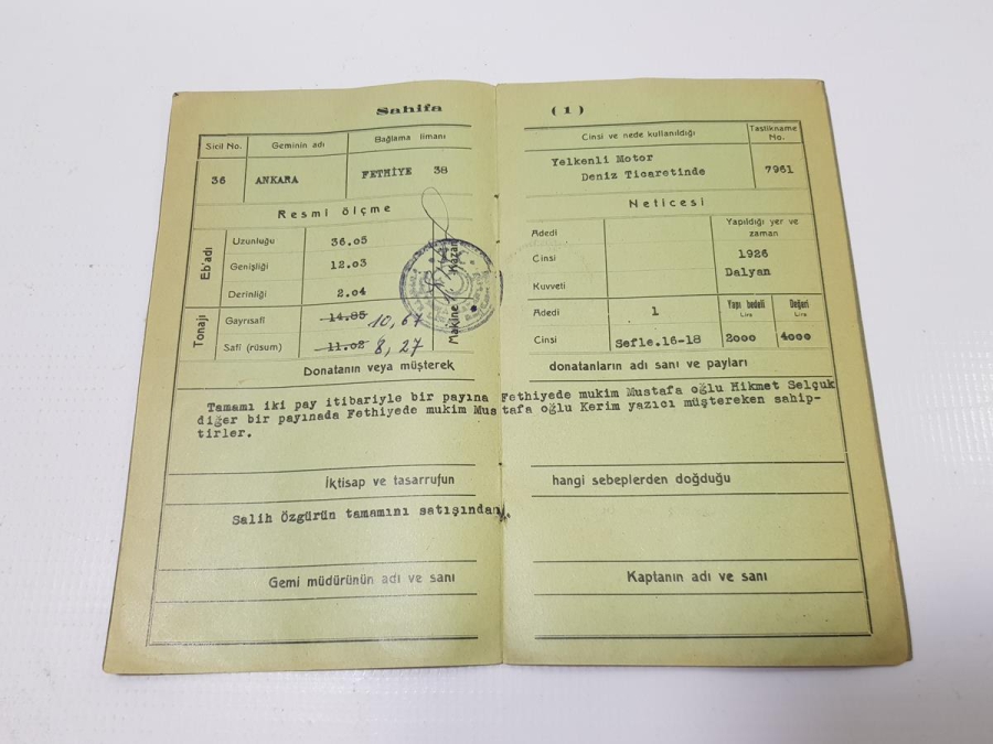 1931 TARİHLİ TİCARET GEMİSİ RUHSATNAMESİ