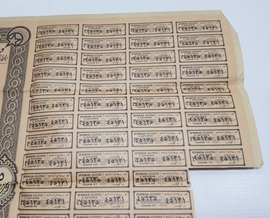 OSMANLI DÖNEMİ ÇOK NADİR GEMİ RESİMLİ İTTİHAD HİSSE SENEDİ