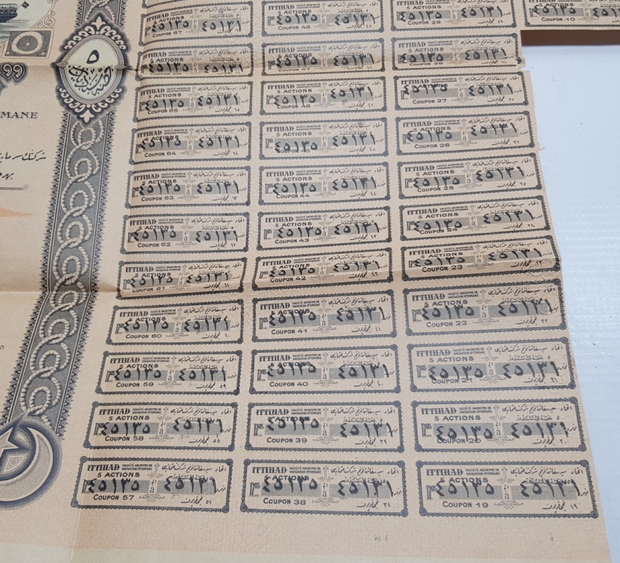 OSMANLI DÖNEMİ ÇOK NADİR GEMİ RESİMLİ İTTİHAD HİSSE SENEDİ