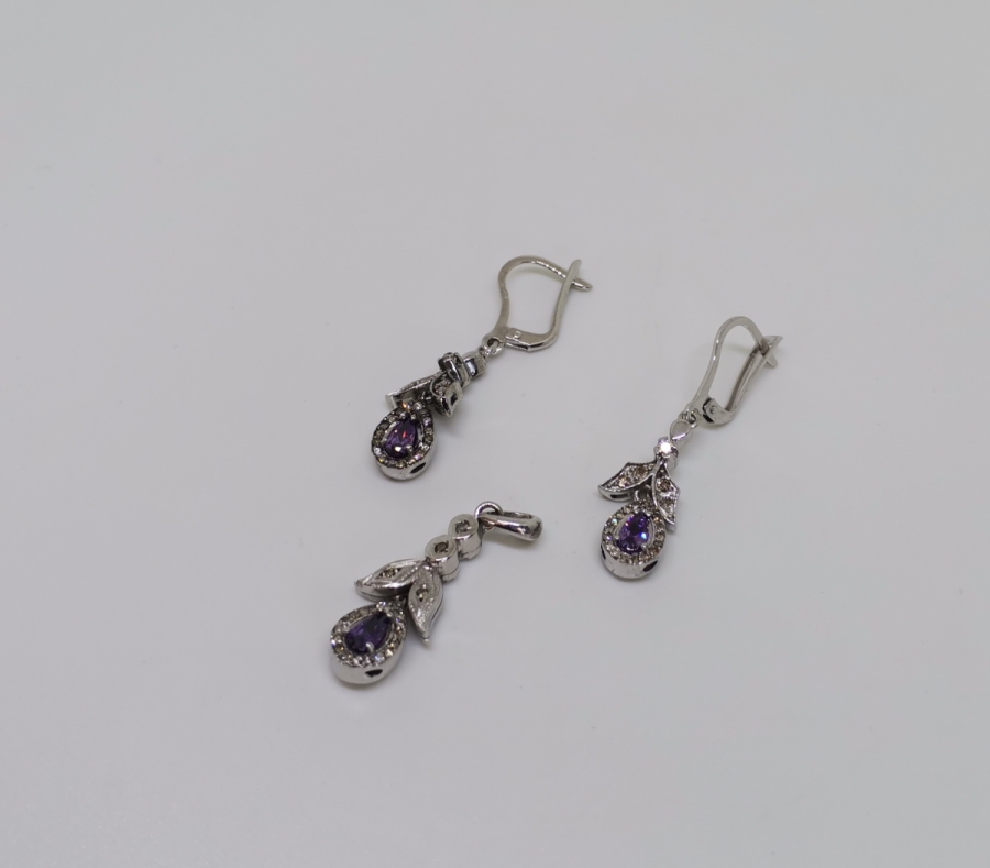 AMETİST VE PIRLANTA TAŞLI DAMLA MODELİ KOLYE KÜPE TAKIMI