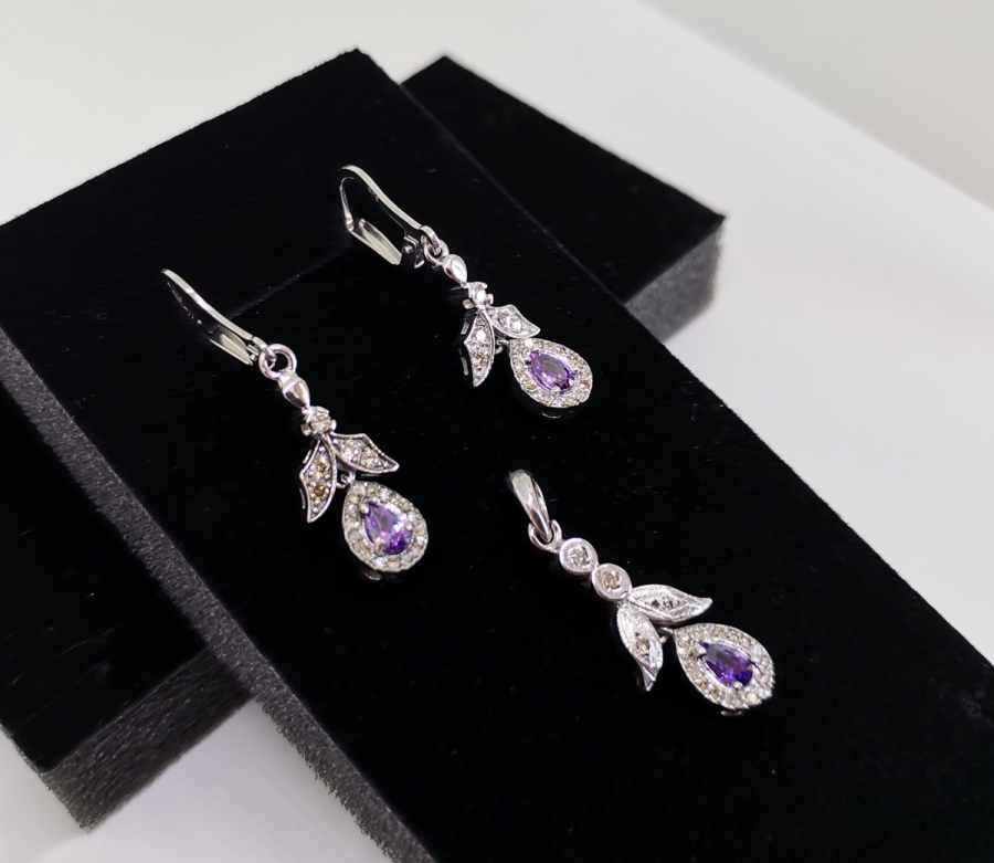 AMETİST VE PIRLANTA TAŞLI DAMLA MODELİ KOLYE KÜPE TAKIMI