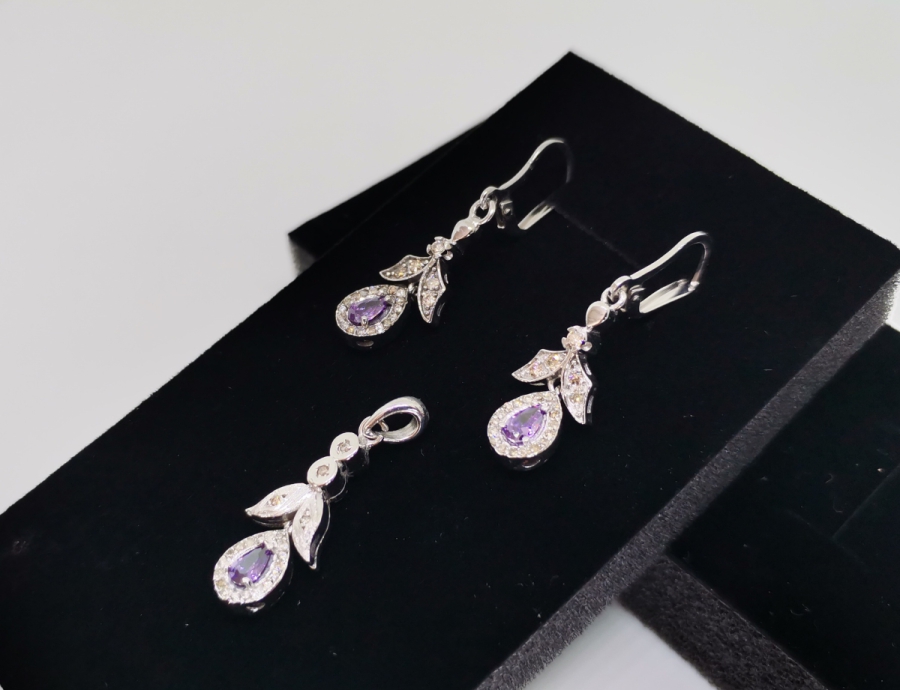 AMETİST VE PIRLANTA TAŞLI DAMLA MODELİ KOLYE KÜPE TAKIMI