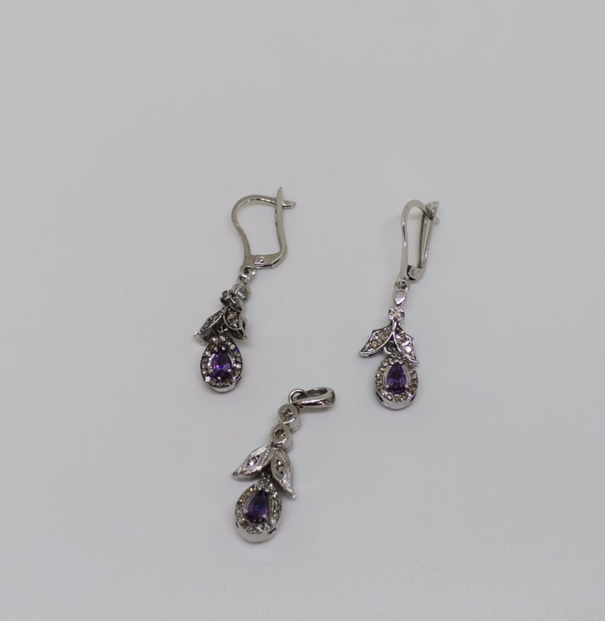 AMETİST VE PIRLANTA TAŞLI DAMLA MODELİ KOLYE KÜPE TAKIMI