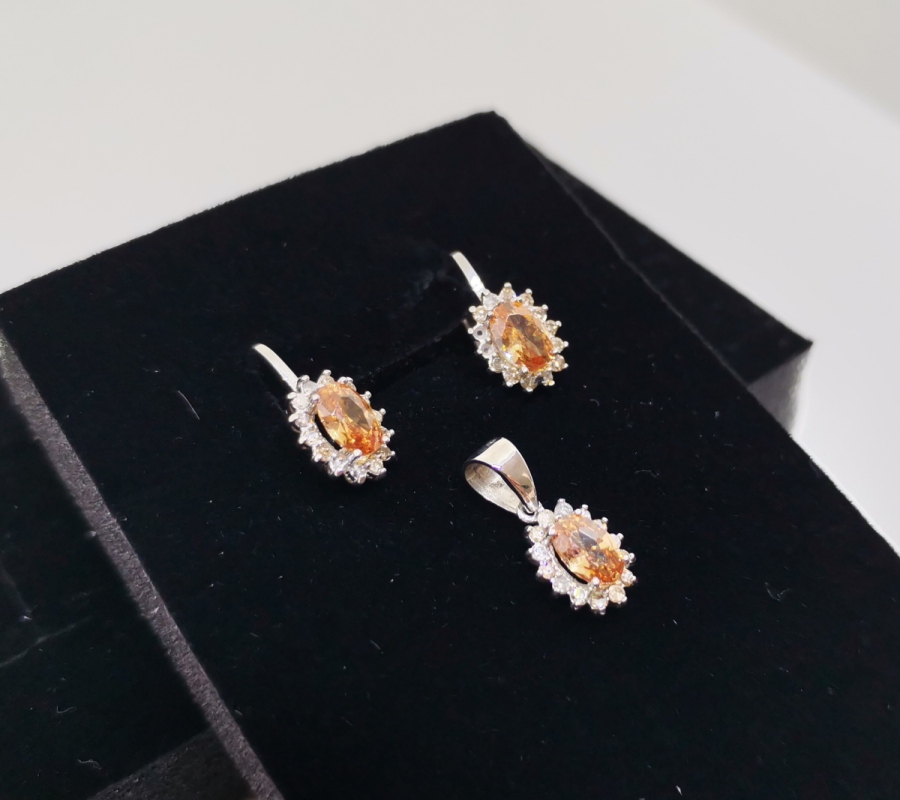 SİTRİN VE PIRLANTA TAŞLI KOLYE KÜPE TAKIMI