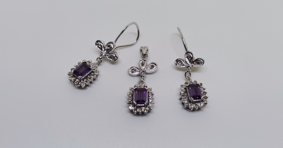 AMETİST VE PIRLANTA TAŞLI KOLYE KÜPE TAKIMI