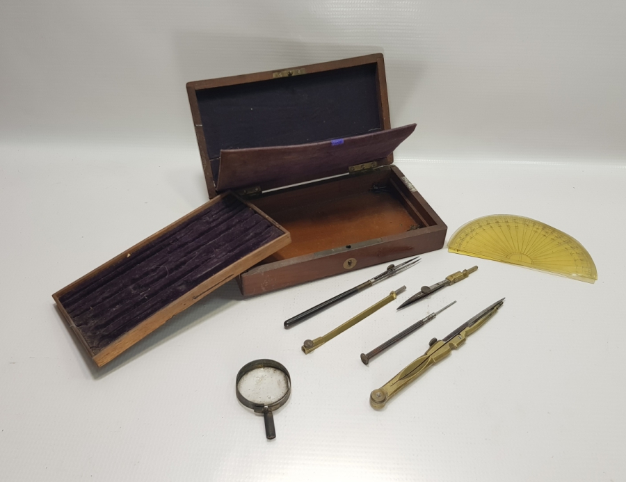 ORİJİNAL AHŞAP KUTUSUNDA OSMANLI DÖNEMİ MÜHENDİS ÇİZİM ALETLERİ - PERGEL KUTUSU