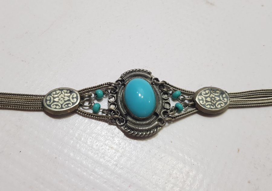 TURKUAZ TAŞLI VE SAVAT İŞÇİLİKLİ ÖZEL YAPIM ANTİKA BİLEKLİK