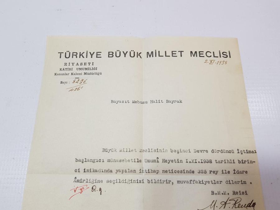 1938 TBMM REİSİ ABDÜLHALİK RENDA ISLAK İMZALI TBMM ANTETLİ MEKTUP