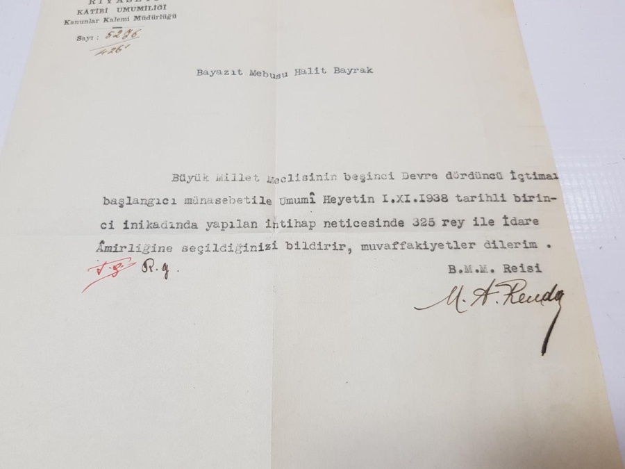 1938 TBMM REİSİ ABDÜLHALİK RENDA ISLAK İMZALI TBMM ANTETLİ MEKTUP
