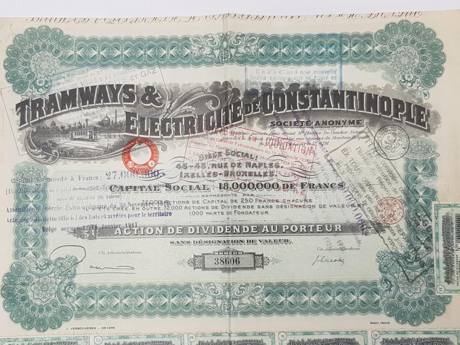 OSMANLI DÖNEMİ İSTANBUL ELEKTRİKLİ TRAMVAY ŞİRKETİ HİSSE SENEDİ