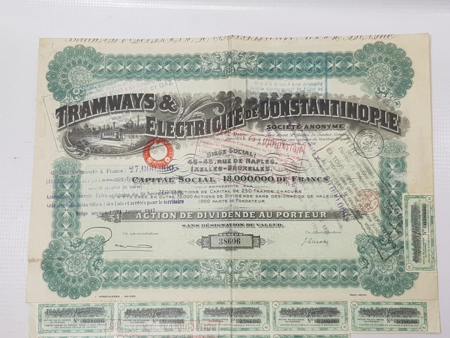 OSMANLI DÖNEMİ İSTANBUL ELEKTRİKLİ TRAMVAY ŞİRKETİ HİSSE SENEDİ