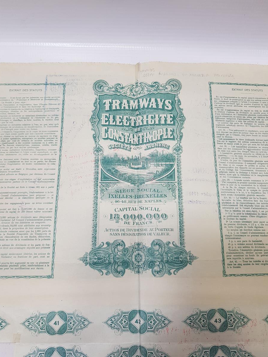 OSMANLI DÖNEMİ İSTANBUL ELEKTRİKLİ TRAMVAY ŞİRKETİ HİSSE SENEDİ