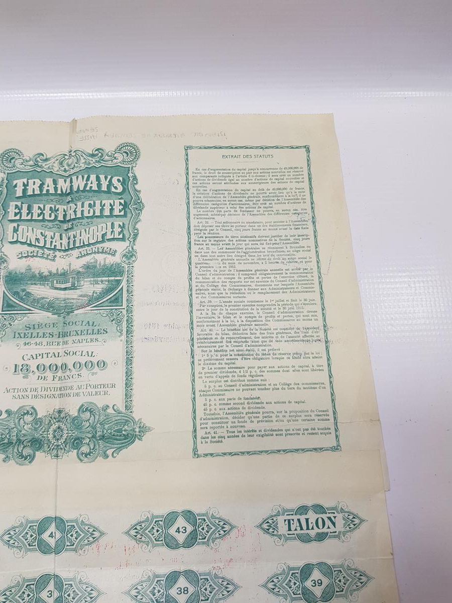 OSMANLI DÖNEMİ İSTANBUL ELEKTRİKLİ TRAMVAY ŞİRKETİ HİSSE SENEDİ