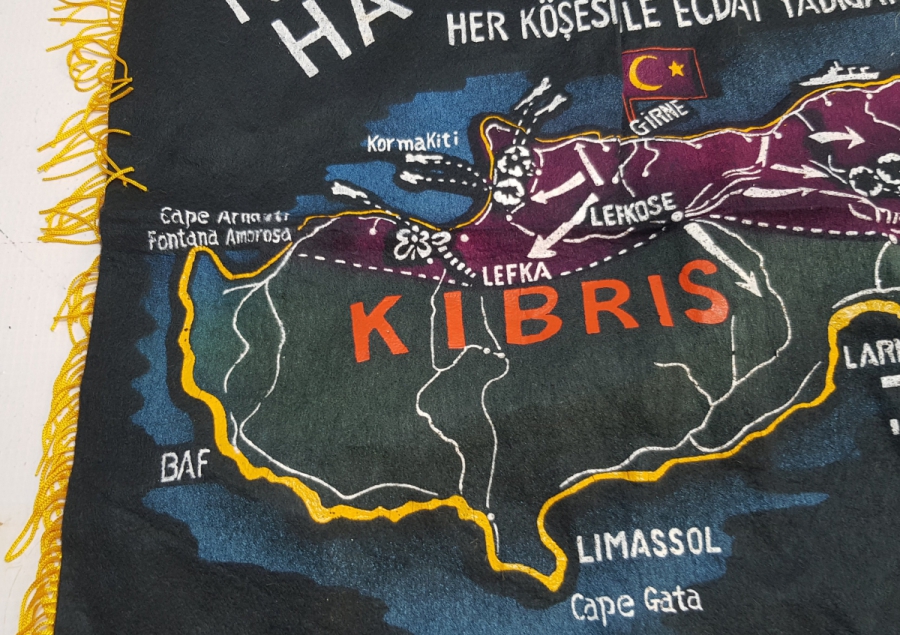 1974 KIBRIS BARIŞ HAREKATI DÖNEMİ YAPILMIŞ KIBRIS HARİTALI NADİR DUVAR PANOSU