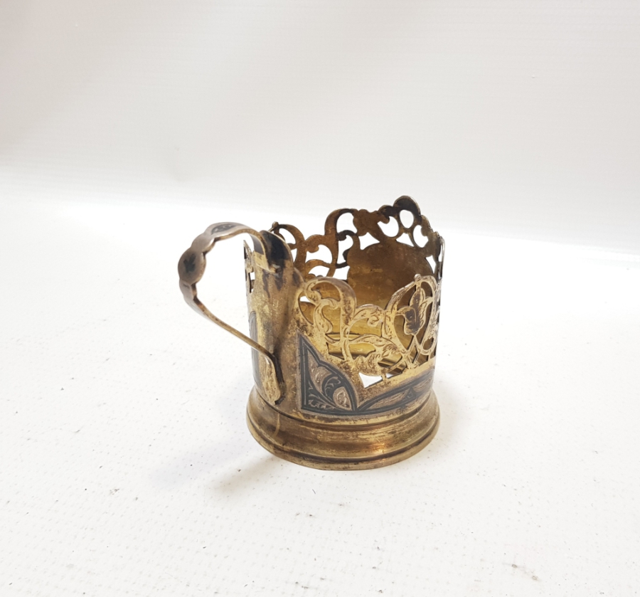 GÜMÜŞ ÜZERİ SAVAT İŞÇİLİKLİ VE ALTIN VERMEYLİ OSMANLI DÖNEMİ NADİR BARDAK ZARFI