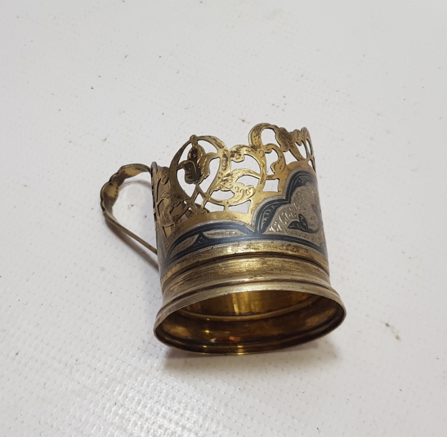 GÜMÜŞ ÜZERİ SAVAT İŞÇİLİKLİ VE ALTIN VERMEYLİ OSMANLI DÖNEMİ NADİR BARDAK ZARFI