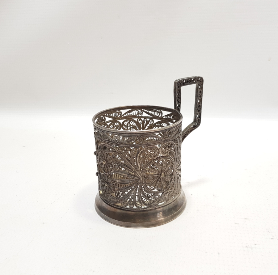 TELKARİ İŞÇİLİKLİ GÜMÜŞ KAPLAMA ANTİKA BARDAK ISTAKASI