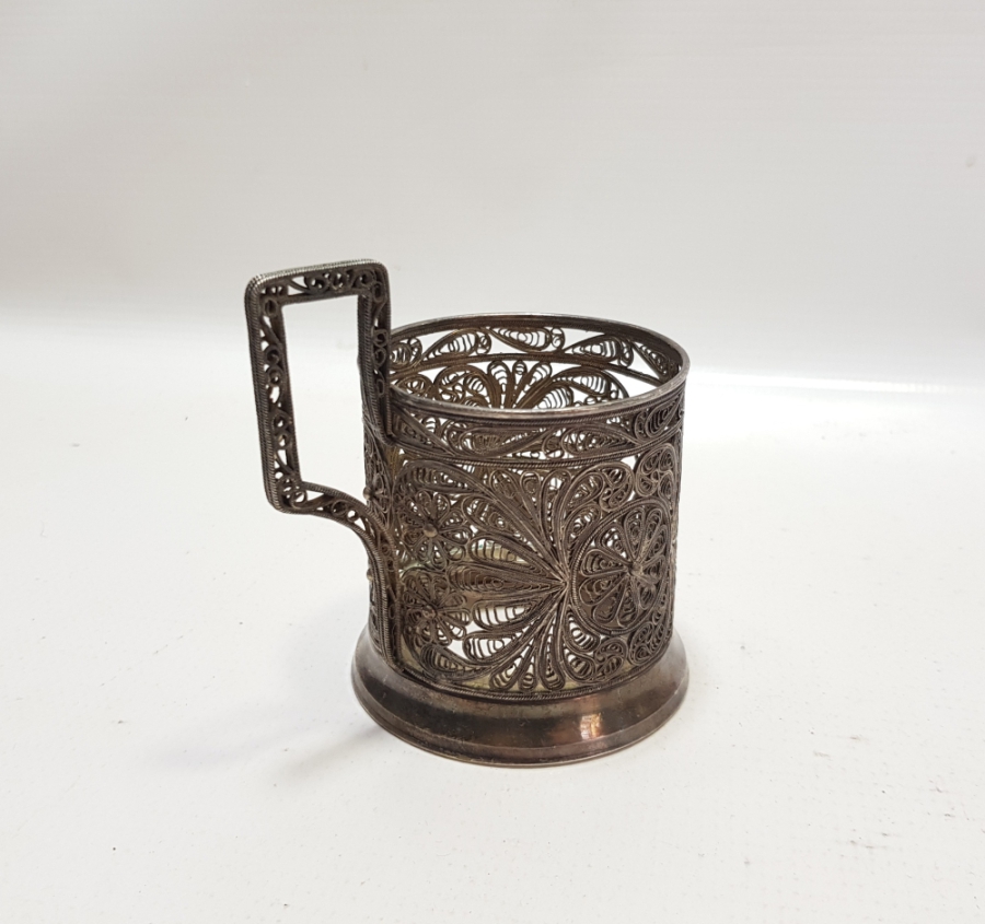 TELKARİ İŞÇİLİKLİ GÜMÜŞ KAPLAMA ANTİKA BARDAK ISTAKASI