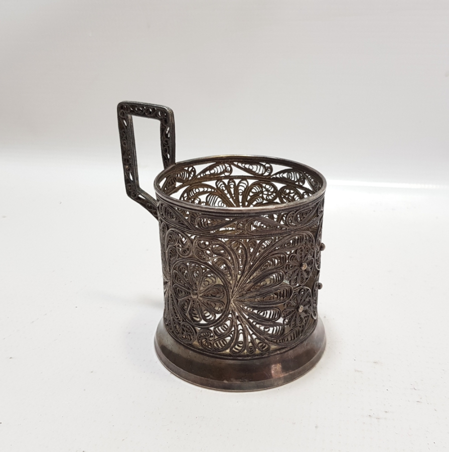 TELKARİ İŞÇİLİKLİ GÜMÜŞ KAPLAMA ANTİKA BARDAK ISTAKASI