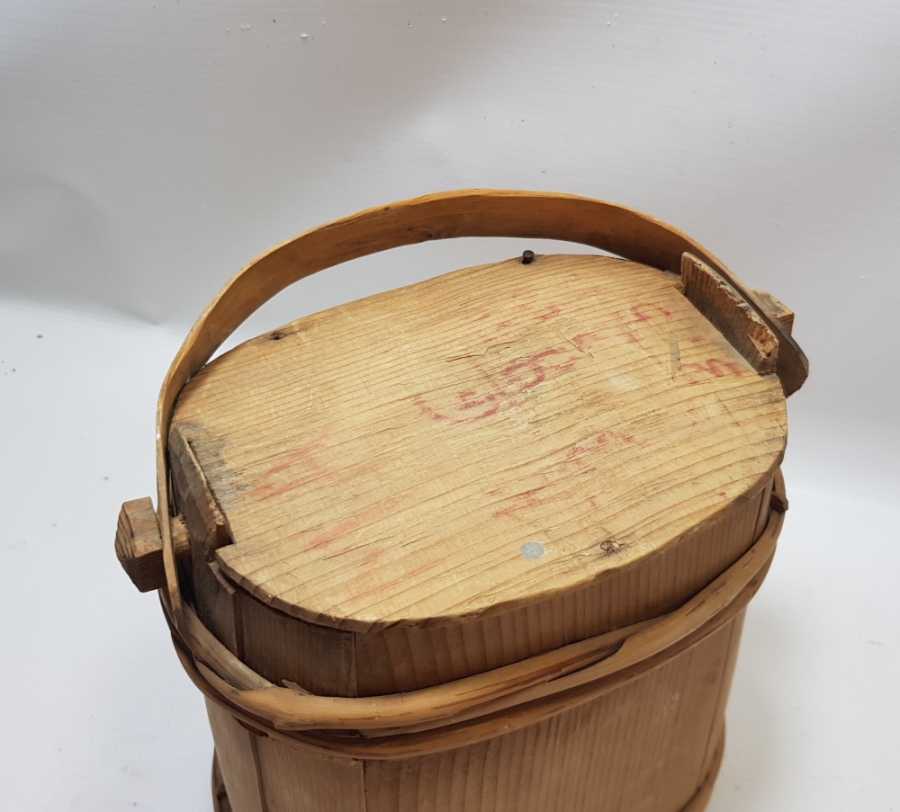 ÜZERİ OSMANLICA YAZILI EL YAPIMI OSMANLI DÖNEMİ AHŞAP KAPAKLI TEREYAĞ BAKRACI