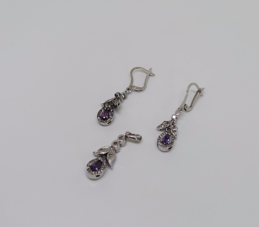 AMETİST VE PIRLANTA TAŞLI DAMLA MODELİ KOLYE KÜPE TAKIMI