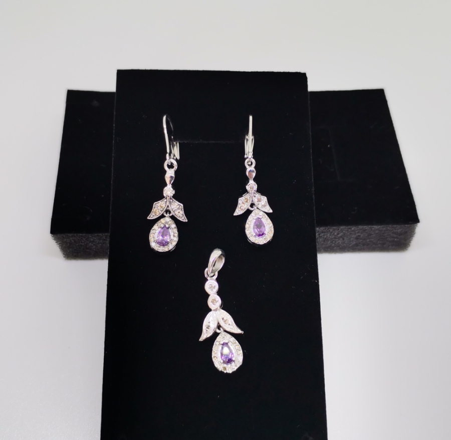 AMETİST VE PIRLANTA TAŞLI DAMLA MODELİ KOLYE KÜPE TAKIMI