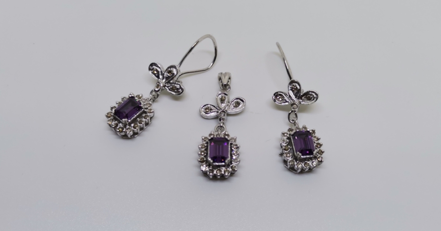 AMETİST VE PIRLANTA TAŞLI KOLYE KÜPE TAKIMI