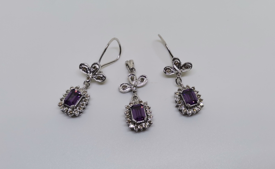 AMETİST VE PIRLANTA TAŞLI KOLYE KÜPE TAKIMI