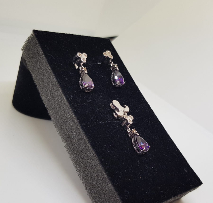 PIRLANTA VE AMETİST TAŞLARLA SÜSLÜ DAMLA MODEL KOLYE KÜPE TAKIMI