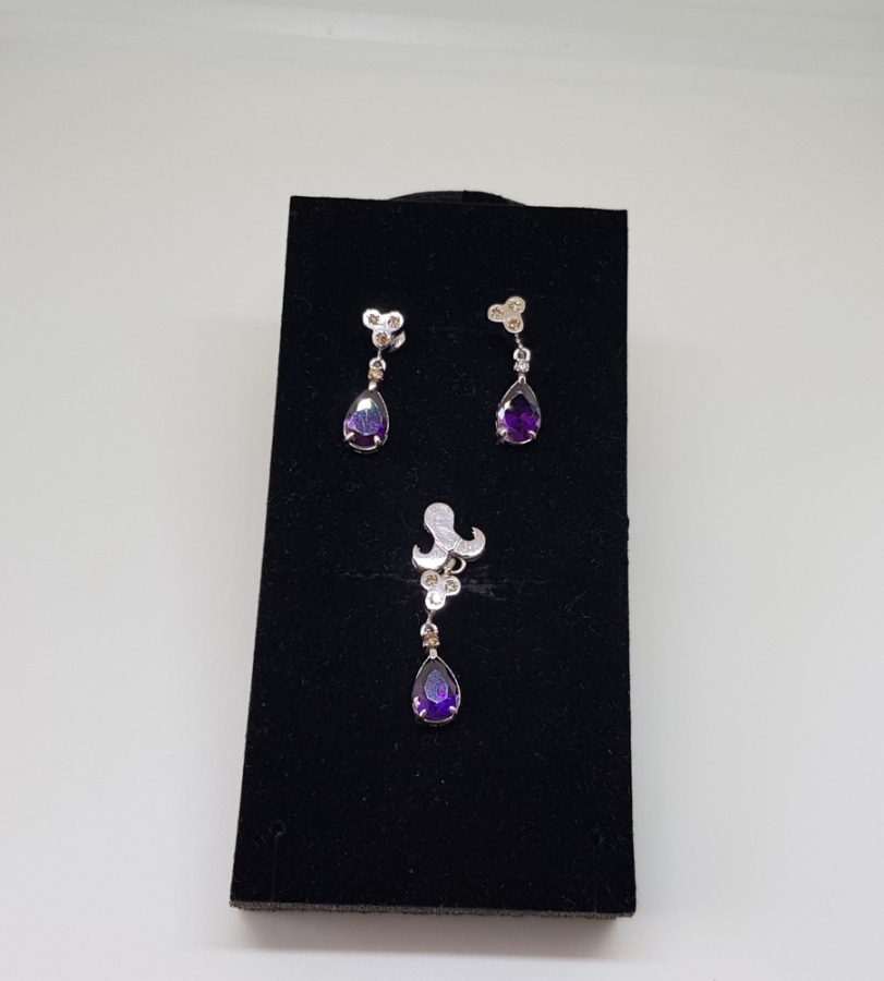 PIRLANTA VE AMETİST TAŞLARLA SÜSLÜ DAMLA MODEL KOLYE KÜPE TAKIMI