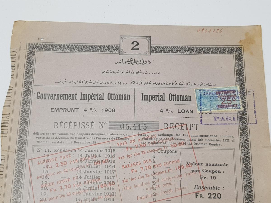 ÇOK NADİR OSMANLI DEVLETİ DUYUNU UMUMİYE BORÇLANMA HİSSE SENEDİ