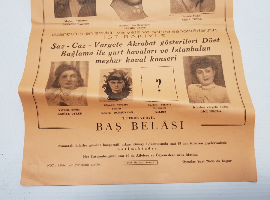 ÇOK NADİR ANTİKA ŞEN TİYATRO AFİŞİ